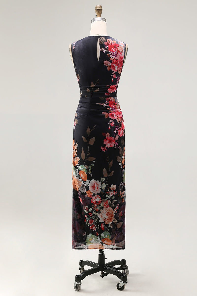 Load image into Gallery viewer, Bateau Neck Black Floral Maxi Ruched Bodycon Beach Wedding Guest Dress