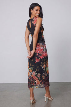 Bateau Neck Black Floral Maxi Ruched Bodycon Beach Wedding Guest Dress