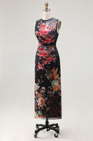 Load image into Gallery viewer, Bateau Neck Black Floral Maxi Ruched Bodycon Beach Wedding Guest Dress