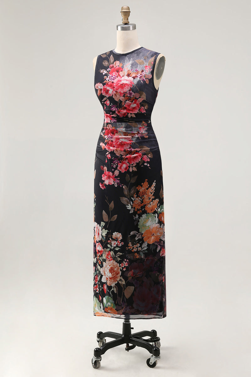 Load image into Gallery viewer, Bateau Neck Black Floral Maxi Ruched Bodycon Beach Wedding Guest Dress