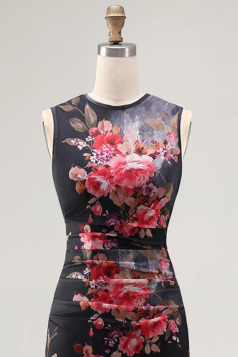 Load image into Gallery viewer, Bateau Neck Black Floral Maxi Ruched Bodycon Beach Wedding Guest Dress