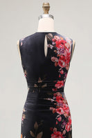 Load image into Gallery viewer, Bateau Neck Black Floral Maxi Ruched Bodycon Beach Wedding Guest Dress