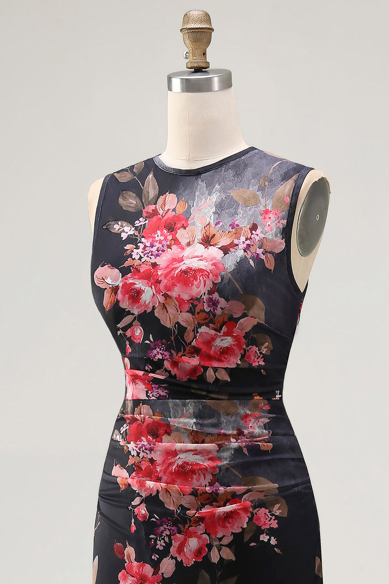 Load image into Gallery viewer, Bateau Neck Black Floral Maxi Ruched Bodycon Beach Wedding Guest Dress