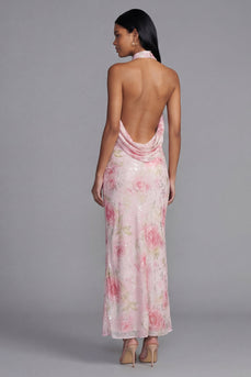 Sparkly Pink Flower Maxi Sheath Sequin Floral Beach Wedding Guest Dress