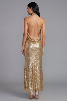 Sparkly Sequin Gold Maxi Wedding Guest Dress with Slit