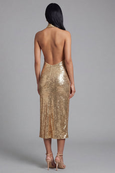 Halter Sparkly Gold Sequin Maxi Wedding Guest Dress with Slit