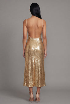 Spaghetti Straps Sparkly Gold Sequin Maxi Wedding Guest Dress