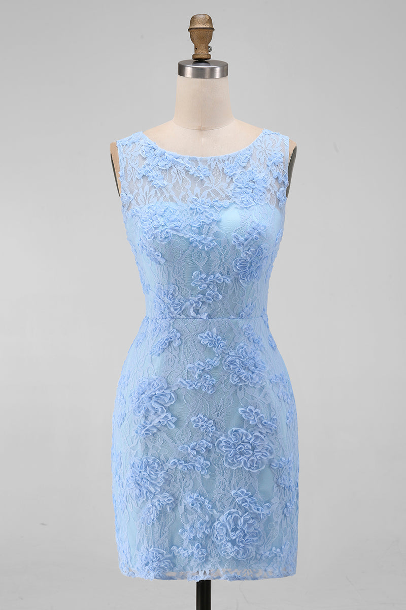Load image into Gallery viewer, Boat Neck Blue Tight Floral Short Wedding Guest Dress