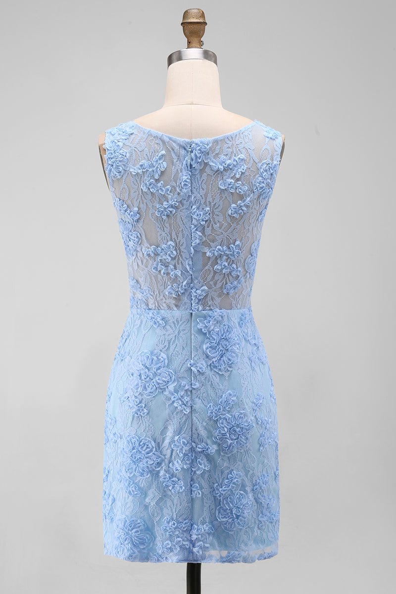 Load image into Gallery viewer, Boat Neck Blue Tight Floral Short Wedding Guest Dress