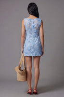 Load image into Gallery viewer, Boat Neck Blue Tight Floral Short Wedding Guest Dress