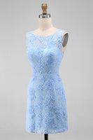 Load image into Gallery viewer, Boat Neck Blue Tight Floral Short Wedding Guest Dress