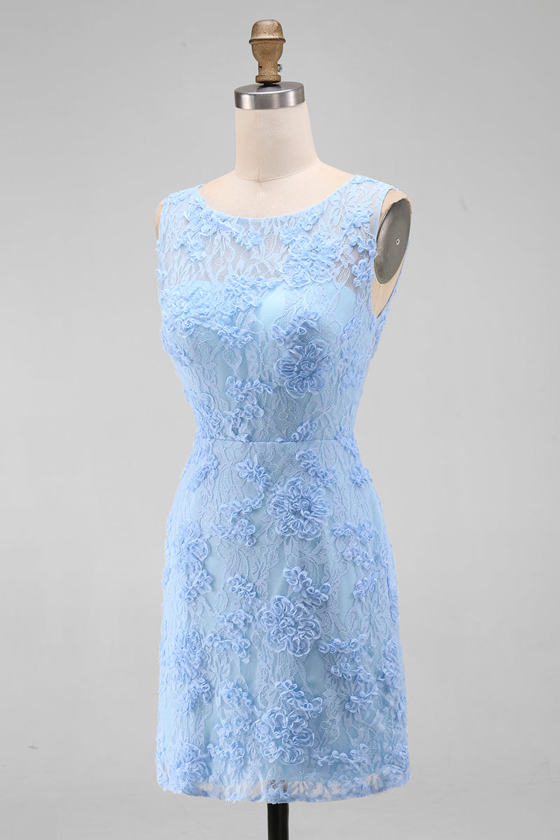 Load image into Gallery viewer, Boat Neck Blue Tight Floral Short Wedding Guest Dress