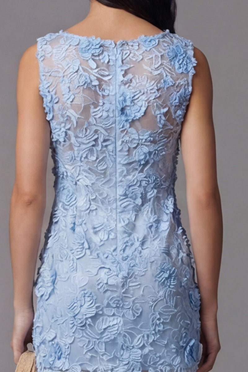 Load image into Gallery viewer, Boat Neck Blue Tight Floral Short Wedding Guest Dress