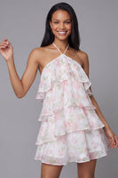 Load image into Gallery viewer, White Pink Flower A Line Short Beach Wedding Guest Dress with Ruffles