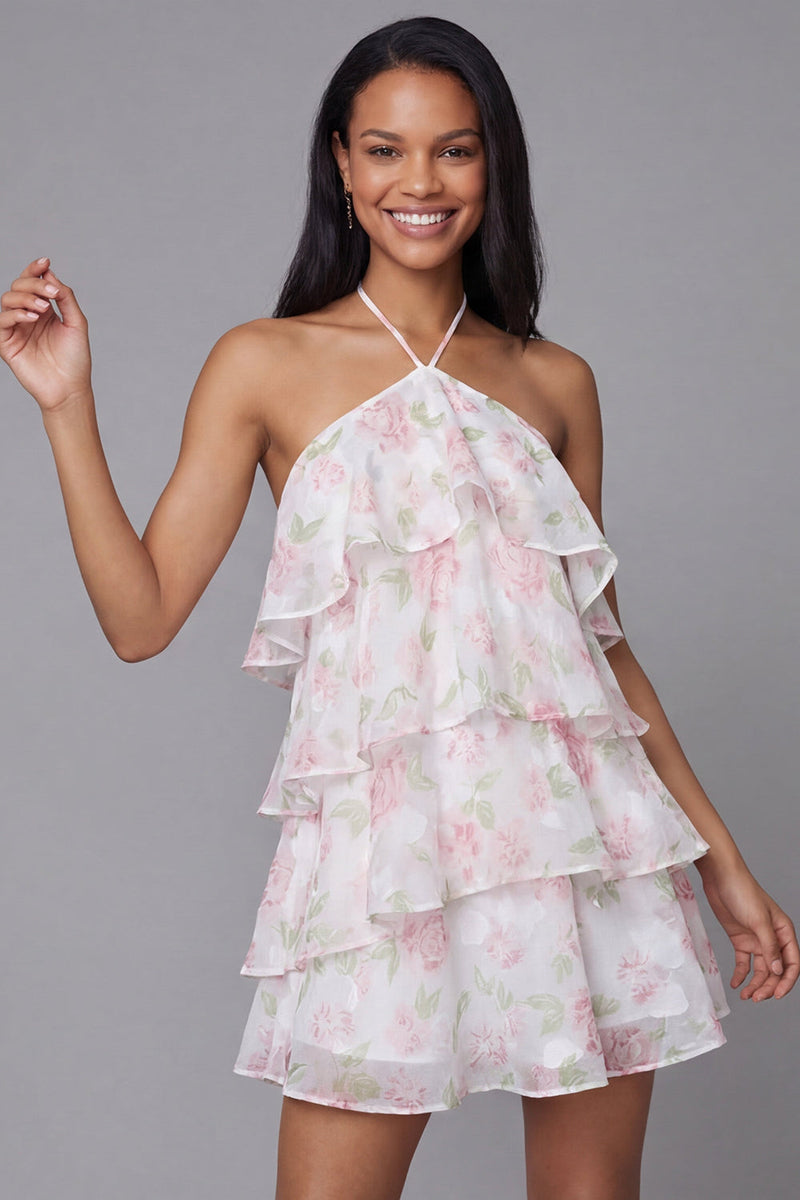 Load image into Gallery viewer, White Pink Flower A Line Short Beach Wedding Guest Dress with Ruffles