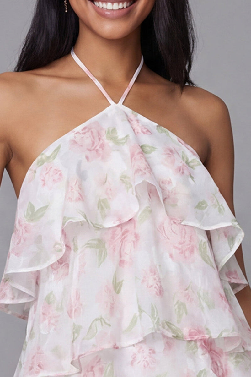 Load image into Gallery viewer, White Pink Flower A Line Short Beach Wedding Guest Dress with Ruffles