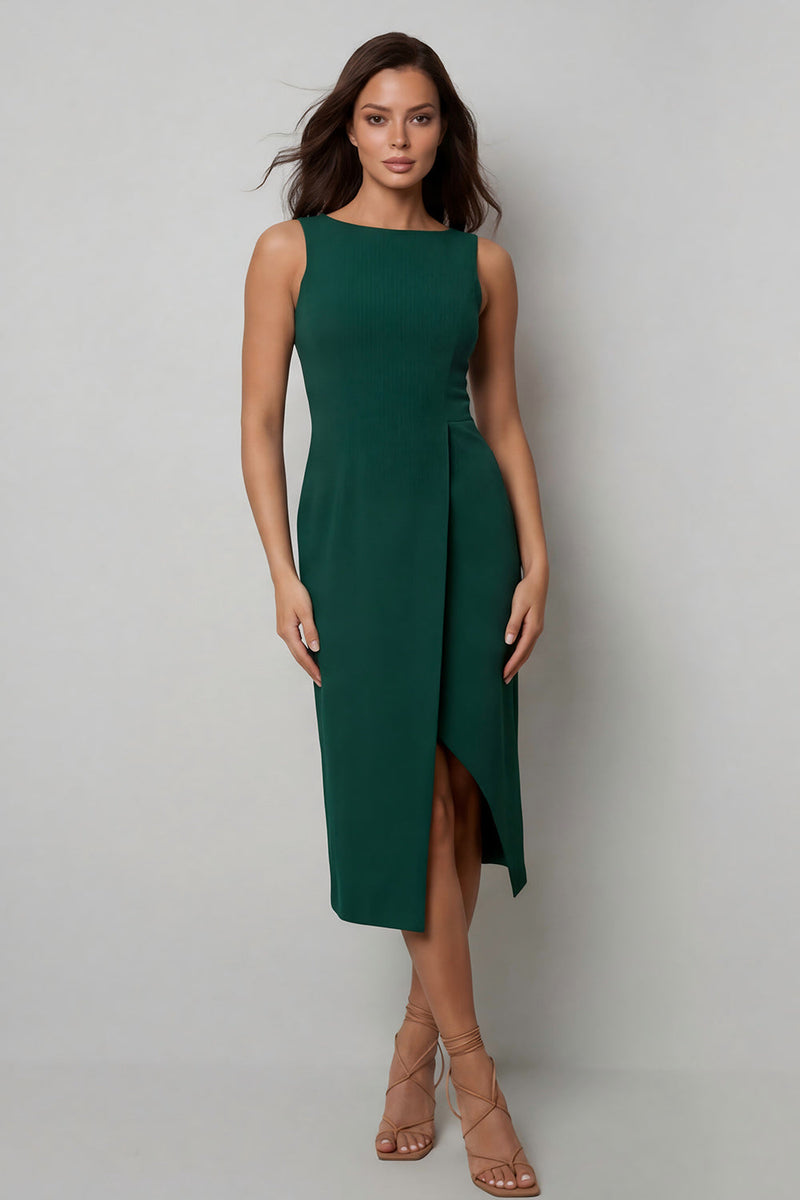 Load image into Gallery viewer, Dark Green Midi Bateau Neck Pencil Work Dress with Slit