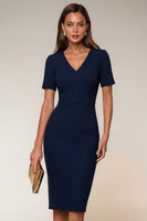 Load image into Gallery viewer, Round Neck Navy Short Pencil Work Dress