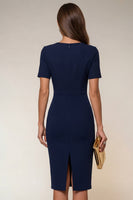 Load image into Gallery viewer, Round Neck Navy Short Pencil Work Dress