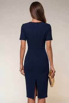 Round Neck Navy Short Pencil Work Dress