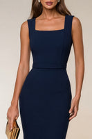 Load image into Gallery viewer, Square Neck Navy Knee Length Pencil Work Dress