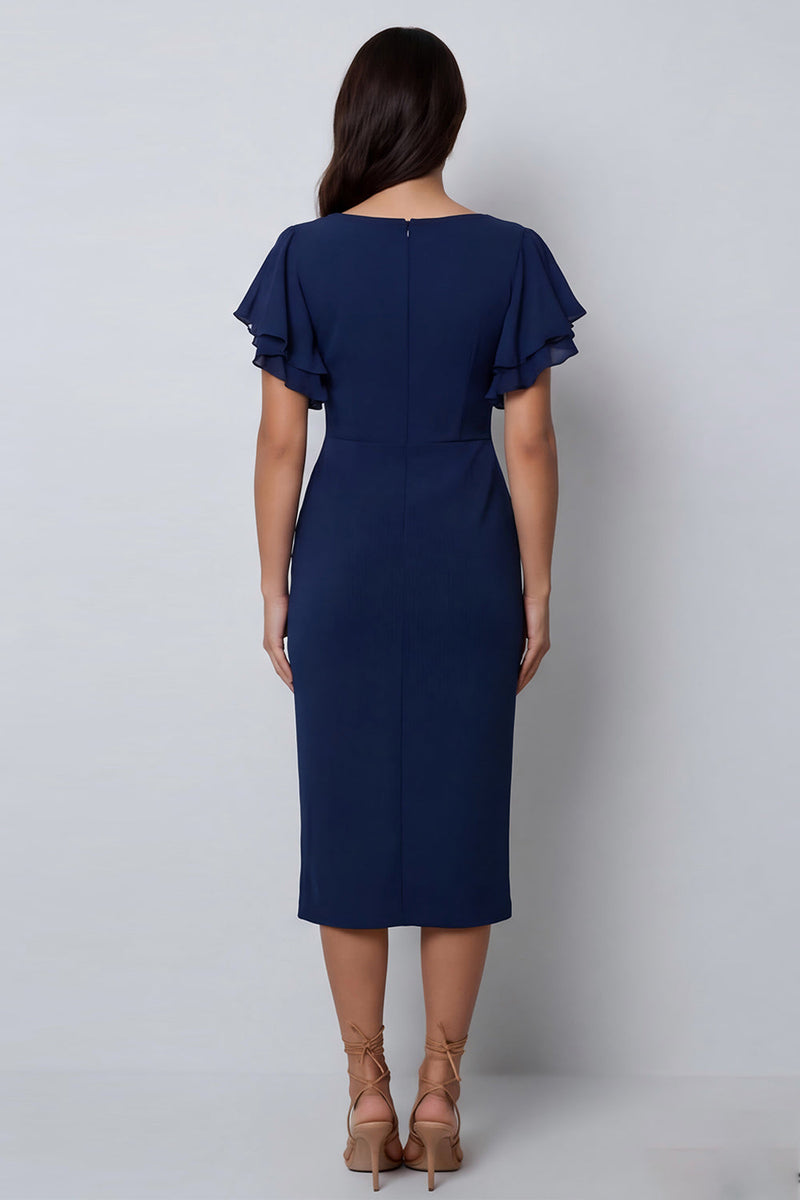 Load image into Gallery viewer, V-Neck Pencil Navy Midi Work Dress with Slit