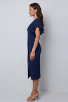 Load image into Gallery viewer, V-Neck Pencil Navy Midi Work Dress with Slit