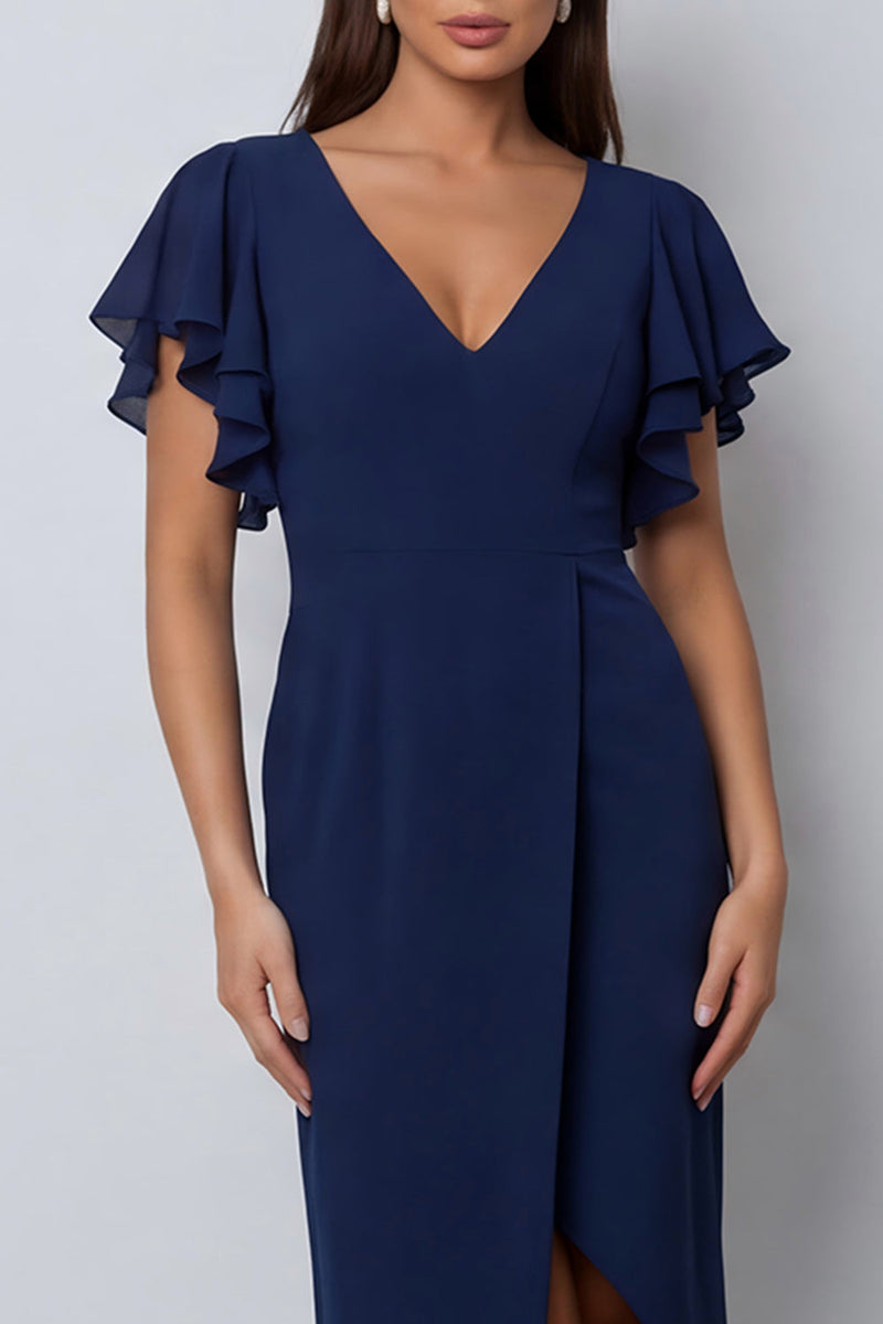 Load image into Gallery viewer, V-Neck Pencil Navy Midi Work Dress with Slit