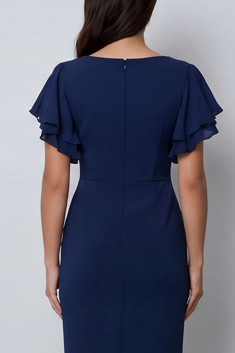 Load image into Gallery viewer, V-Neck Pencil Navy Midi Work Dress with Slit