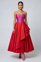 Load image into Gallery viewer, Fuchsia and Red Long A Line Ruffled Patchwork Corset Formal Dress