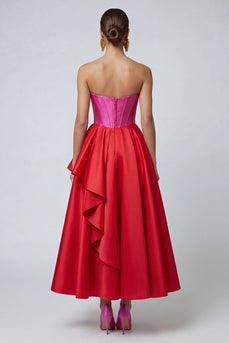 Fuchsia and Red Long A Line Ruffled Patchwork Corset Formal Dress