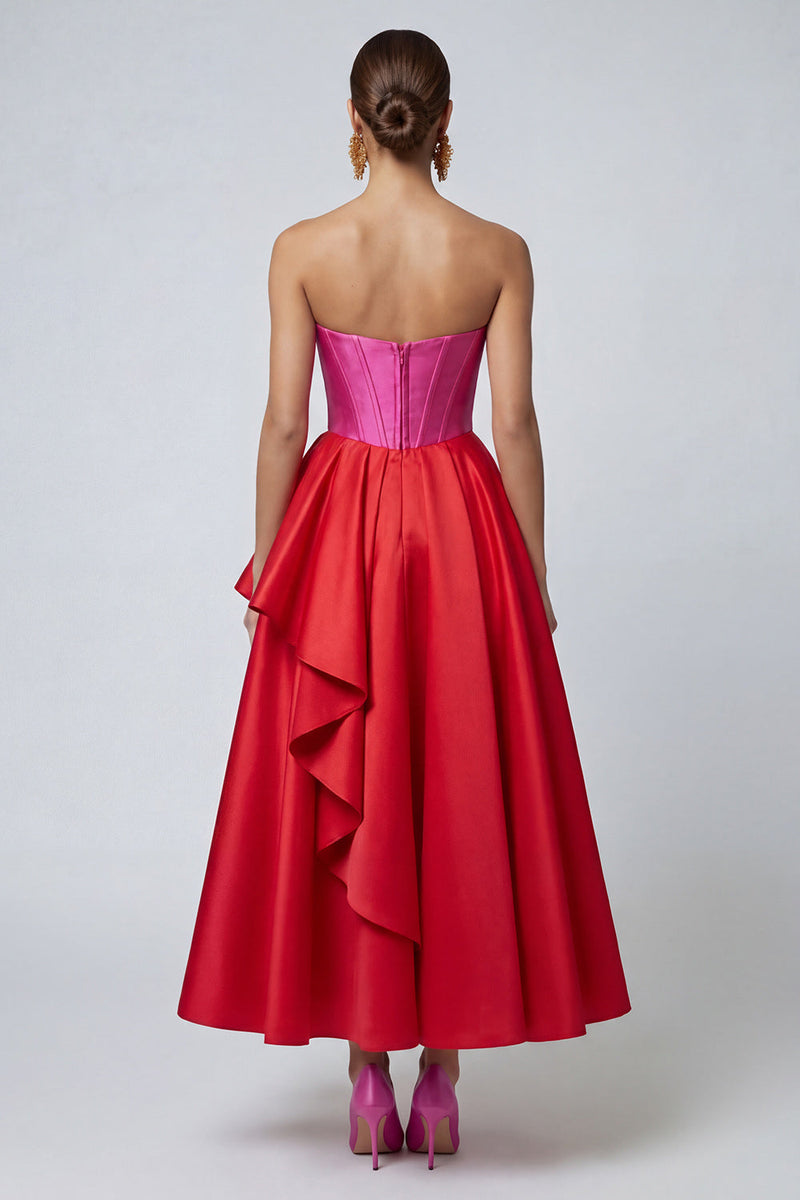 Load image into Gallery viewer, Fuchsia and Red Long A Line Ruffled Patchwork Corset Formal Dress