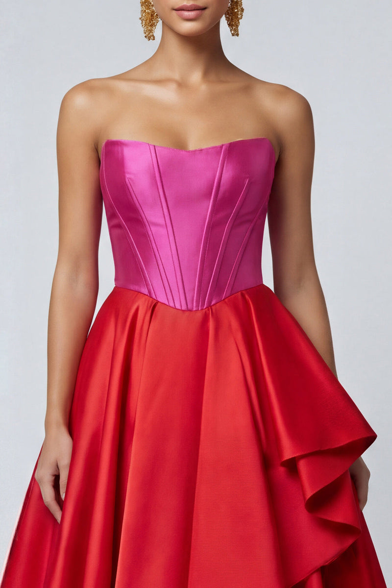 Load image into Gallery viewer, Fuchsia and Red Long A Line Ruffled Patchwork Corset Formal Dress