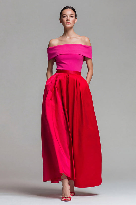 Queendancer Women Fuchsia and Red Patchwork Long Formal Dress with Pockets A Line Off the Shoulder Evening Dress