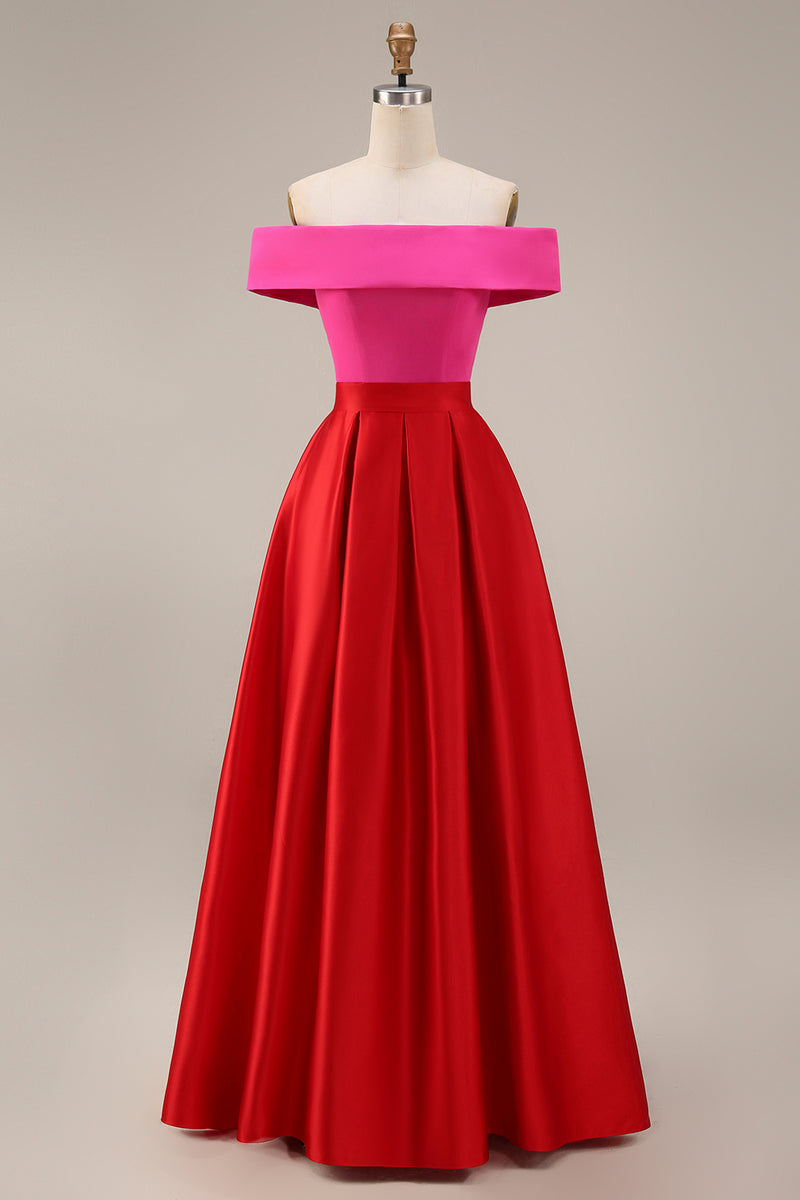 Load image into Gallery viewer, Fuchsia and Red Long Off the Shoulder A Line Patchwork Formal Dress