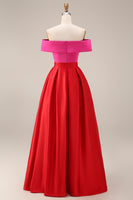 Load image into Gallery viewer, Fuchsia and Red Long Off the Shoulder A Line Patchwork Formal Dress