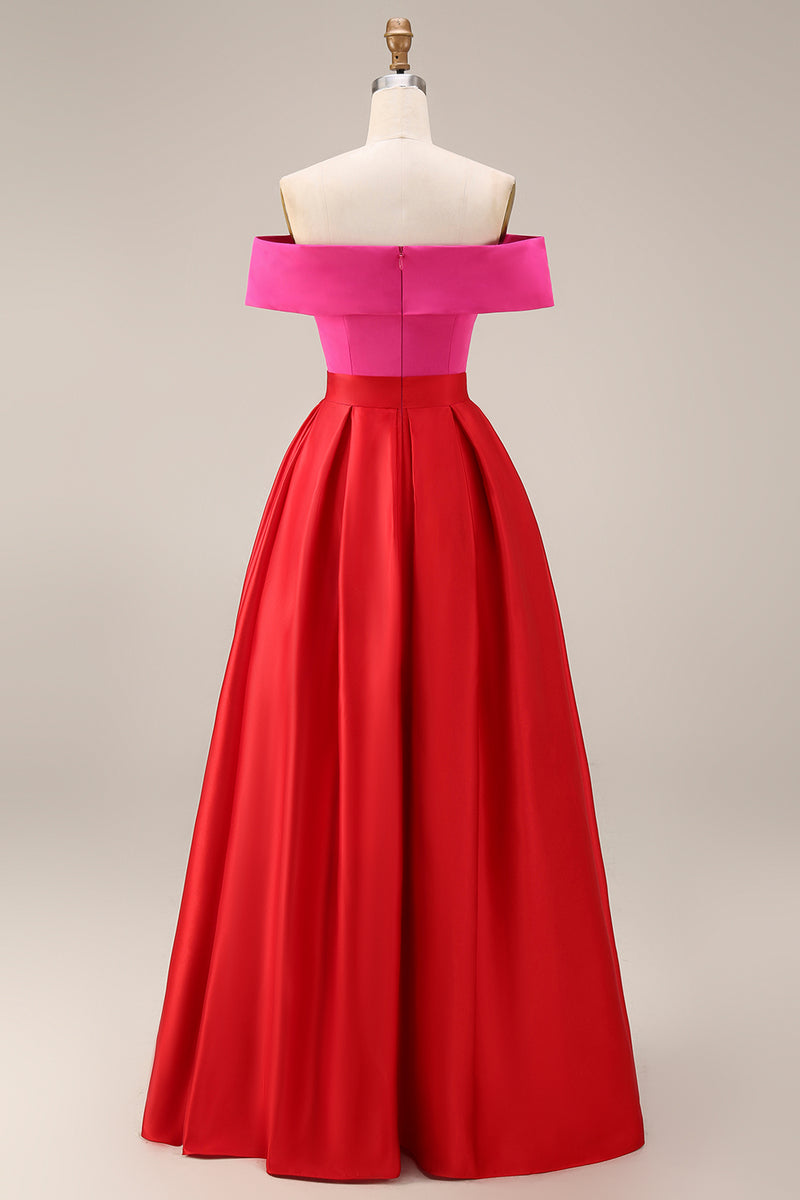 Load image into Gallery viewer, Fuchsia and Red Long Off the Shoulder A Line Patchwork Formal Dress