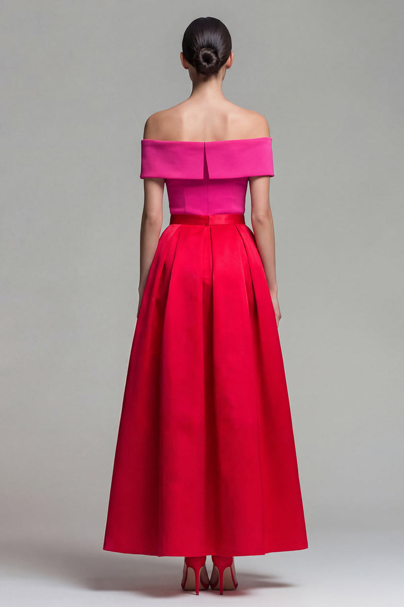 Load image into Gallery viewer, Fuchsia and Red Long Off the Shoulder A Line Patchwork Formal Dress
