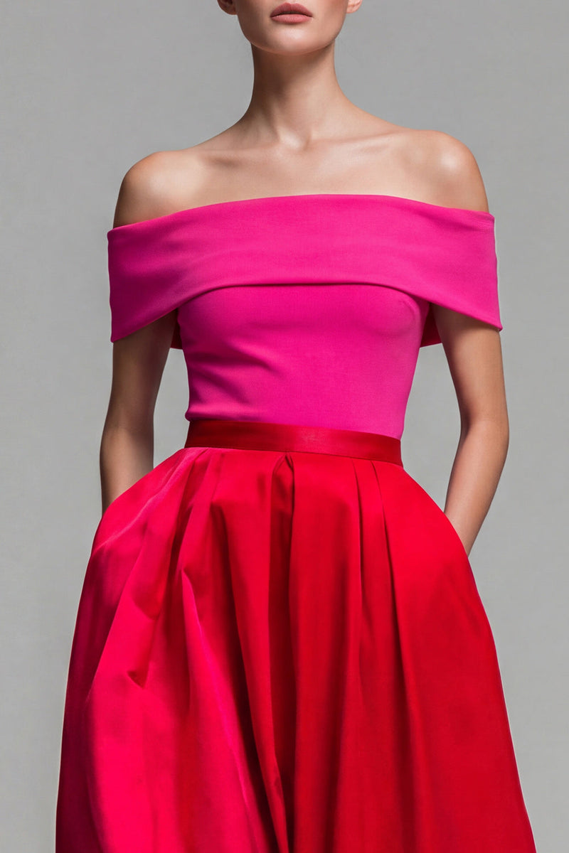 Load image into Gallery viewer, Fuchsia and Red Long Off the Shoulder A Line Patchwork Formal Dress
