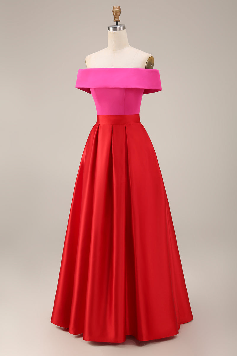Load image into Gallery viewer, Fuchsia and Red Long Off the Shoulder A Line Patchwork Formal Dress