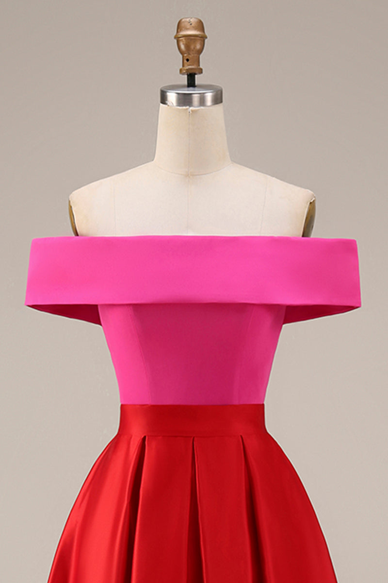 Load image into Gallery viewer, Fuchsia and Red Long Off the Shoulder A Line Patchwork Formal Dress
