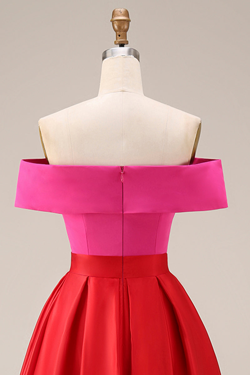 Load image into Gallery viewer, Fuchsia and Red Long Off the Shoulder A Line Patchwork Formal Dress