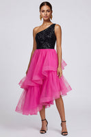 Load image into Gallery viewer, Sparkly Fuchsia and Black Asymmetrical One Shoulder Patchwork A Line Formal Dress