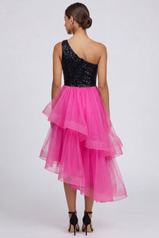 Sparkly Fuchsia and Black Asymmetrical One Shoulder Patchwork A Line Formal Dress