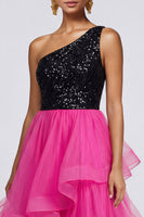 Load image into Gallery viewer, Sparkly Fuchsia and Black Asymmetrical One Shoulder Patchwork A Line Formal Dress
