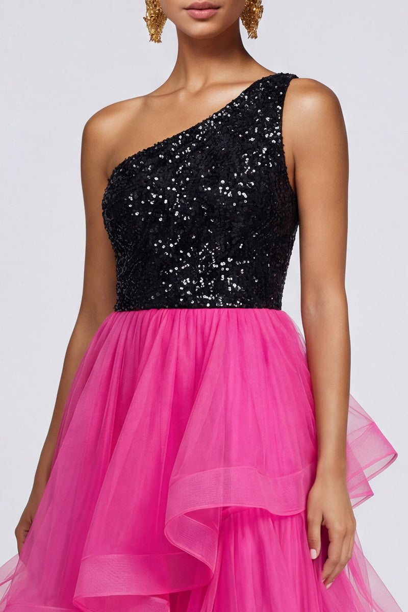 Load image into Gallery viewer, Sparkly Fuchsia and Black Asymmetrical One Shoulder Patchwork A Line Formal Dress