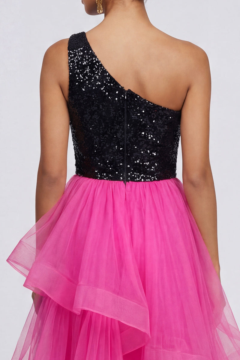 Load image into Gallery viewer, Sparkly Fuchsia and Black Asymmetrical One Shoulder Patchwork A Line Formal Dress