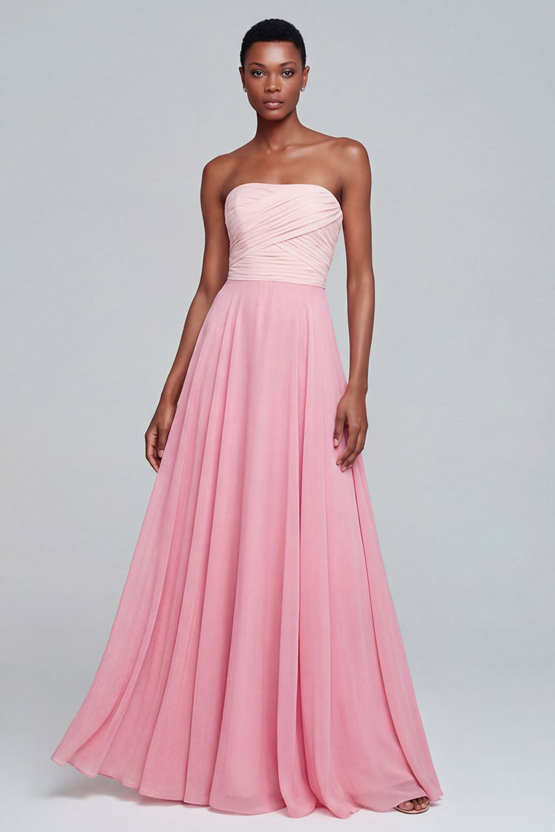 Load image into Gallery viewer, Pink A Line Strapless Long Ruched Patchwork Formal Dress
