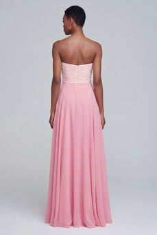 Pink A Line Strapless Long Ruched Patchwork Formal Dress