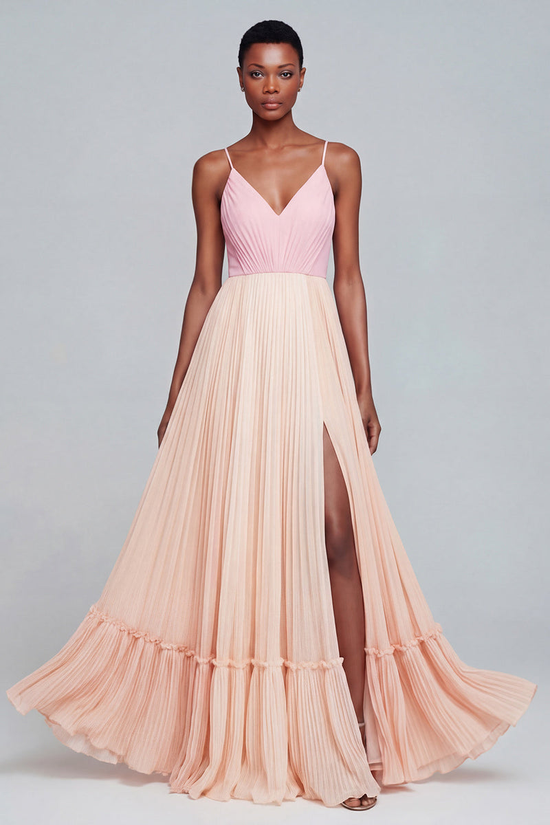 Load image into Gallery viewer, Pink and Champagne Patchwork Pleated Long Spaghetti Straps Formal Dress